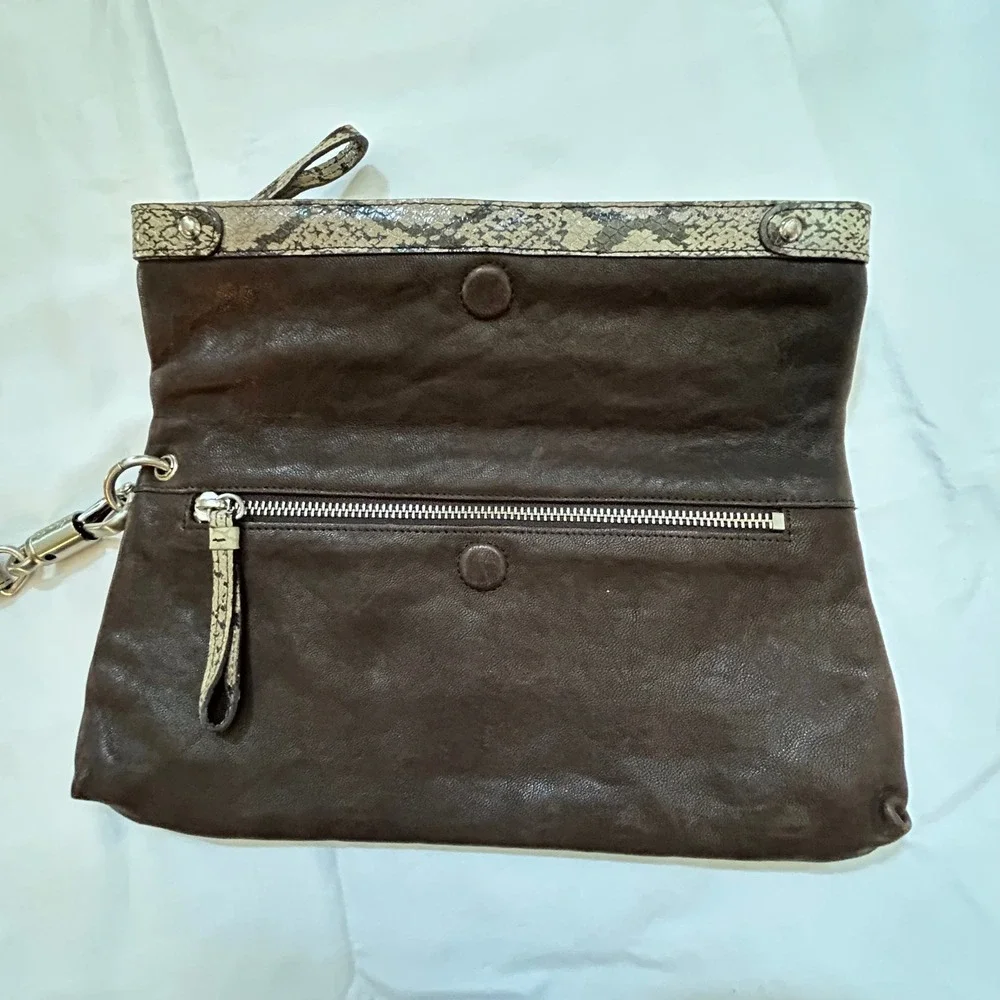 Kenneth Cole New York Leather Wristlet Clutch Brown Snake Print Fold‎ Over